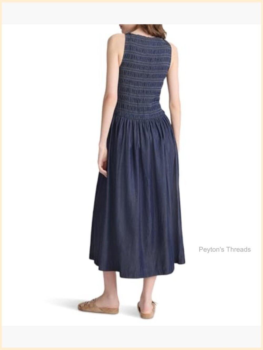 Smocked Boatneck Maxi Denim Dress with Pockets - Picture 3 of 5